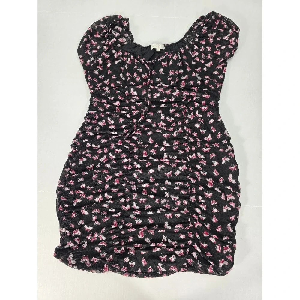 Ultra‎ Flirt Women's XS Bodycon Mini Dress Black Pink Butterfly Print Ruched XL